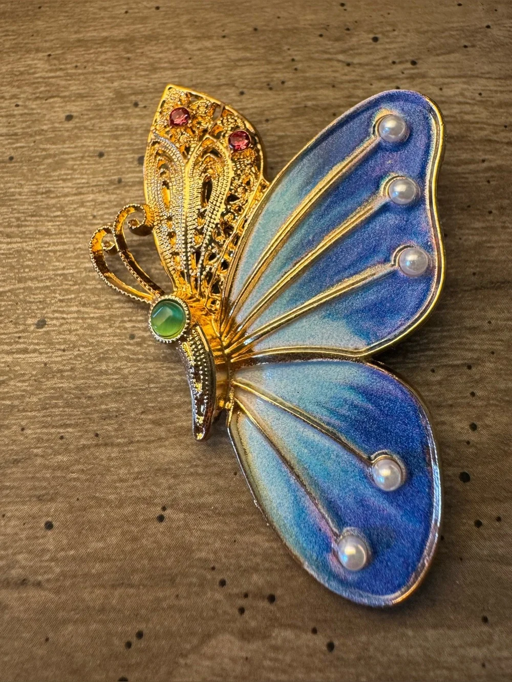 Gold-tone Blue Butterfly Brooch with Pearls